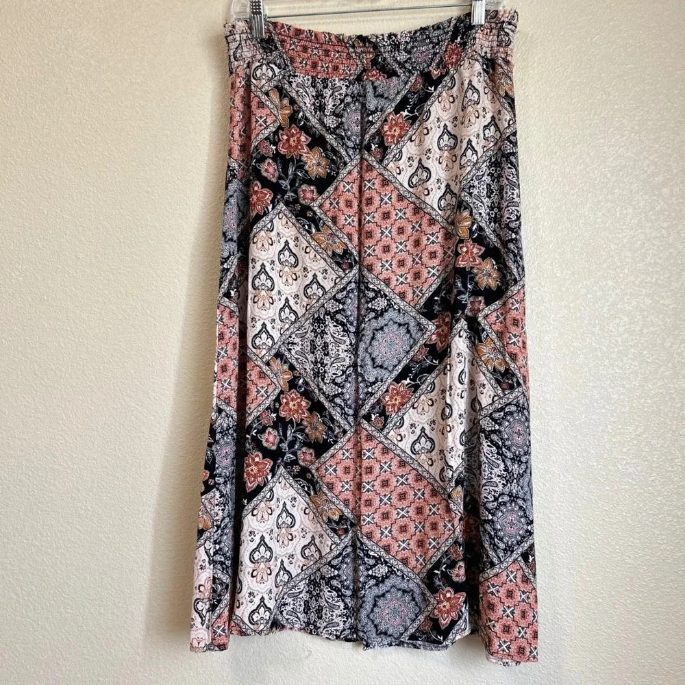 Indigo Rose Size L Skirt‎ Pink Black Patchwork Floral Paisley Midi Boho Cottage